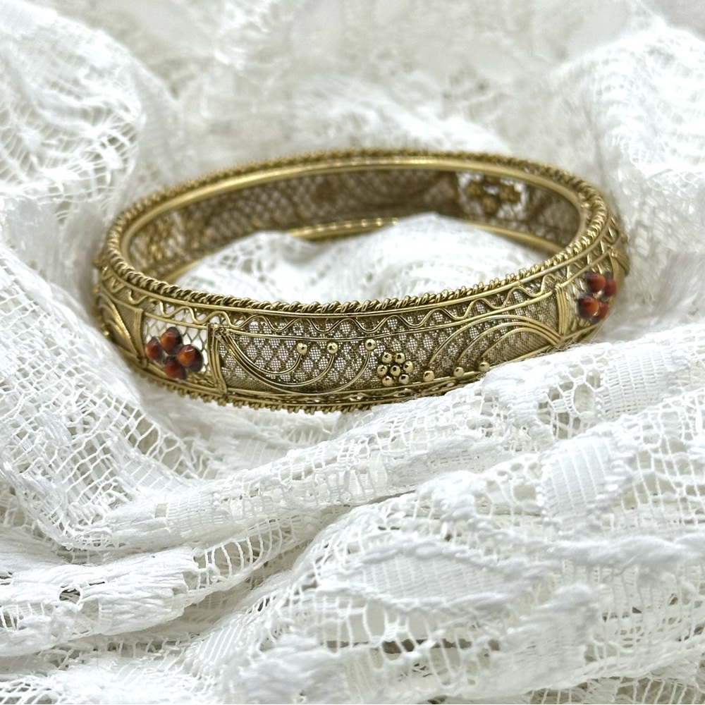 Vintage Filigree Detailed Brass Tone Metal Bangle
